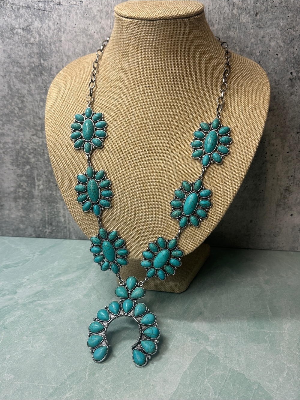 Faux Turquoise Squash Blossom Silver Tone Hardware Southwestern Necklace